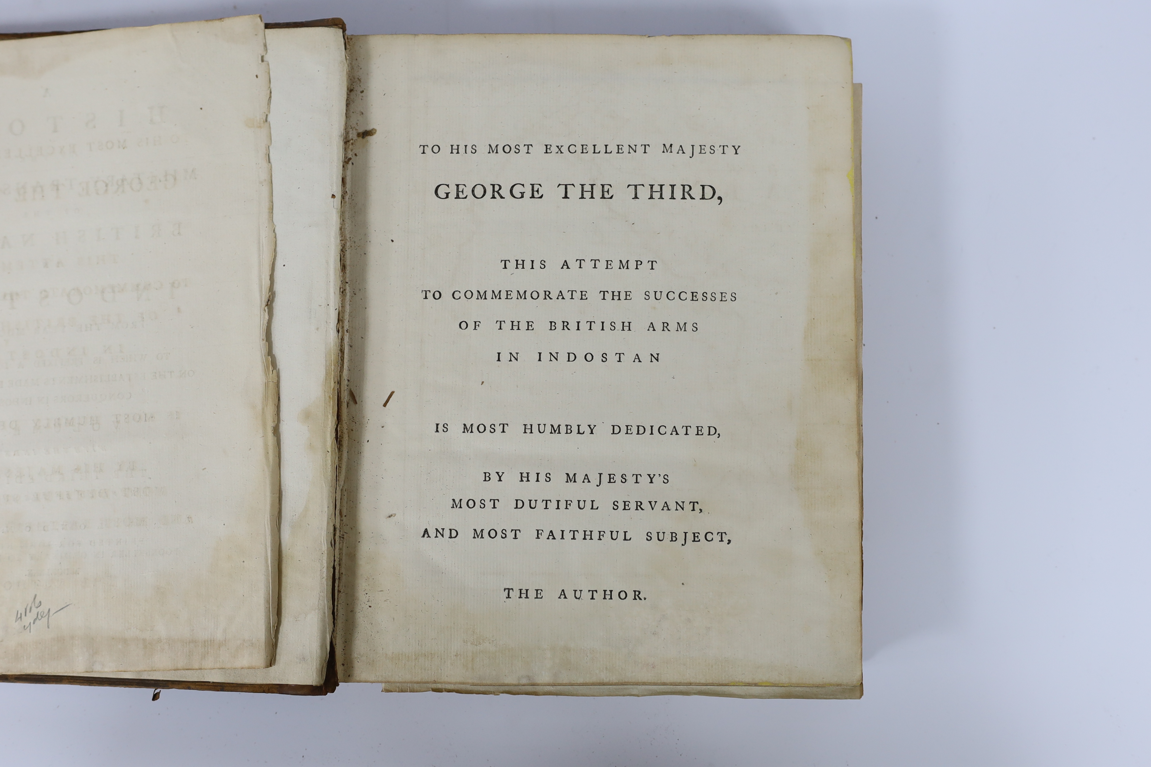 Orme, Robert - A History of the Military Transactions of the British Nation in Indostan, from the year MDCCXLV... 3 vols. (vol. I third, vols. II and III first editions). 34 plates (? ex 36), mostly folded plans; 1780-17